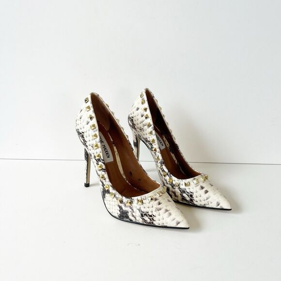 Steve Madden Proto Python Studded Leather Heels Pumps Pointed Toe Cream Size 5.5 - Picture 6 of 13